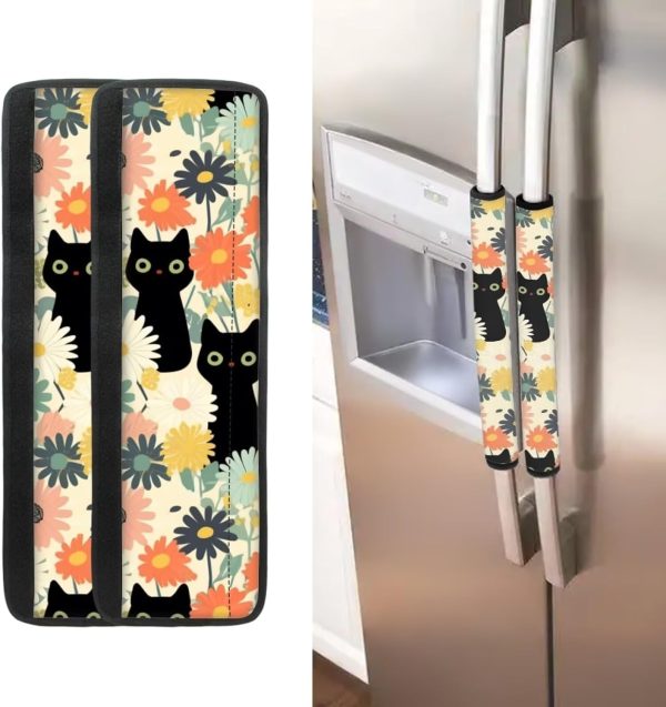 Cat Refrigerator Door Handle Cover Floral Appliance Handle Covers Set of 2 Keep Kitchen Appliance Clean from Smudges, Food Stains, Fingertips, Drips - Image 2