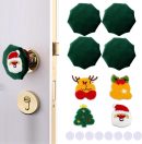 4PCS Decorative Green Round Door Handle Covers with 4 Xmas Figures Anti-Collision Door Knob Protector for Christmas Doorknob Decorations (Terrycloth Embroidery)