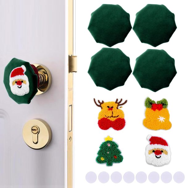 4PCS Decorative Green Round Door Handle Covers with 4 Xmas Figures Anti-Collision Door Knob Protector for Christmas Doorknob Decorations (Terrycloth Embroidery)
