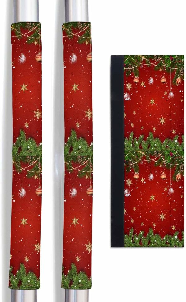 Red Green Christmas Refrigerator Door Handle Covers Set of 2, Xmas Balls Snowflake Pine Twig Washable Decor Protector for Fridge, Keep Kitchen Appliance Clean from Smudges, Fingerprint, Drips