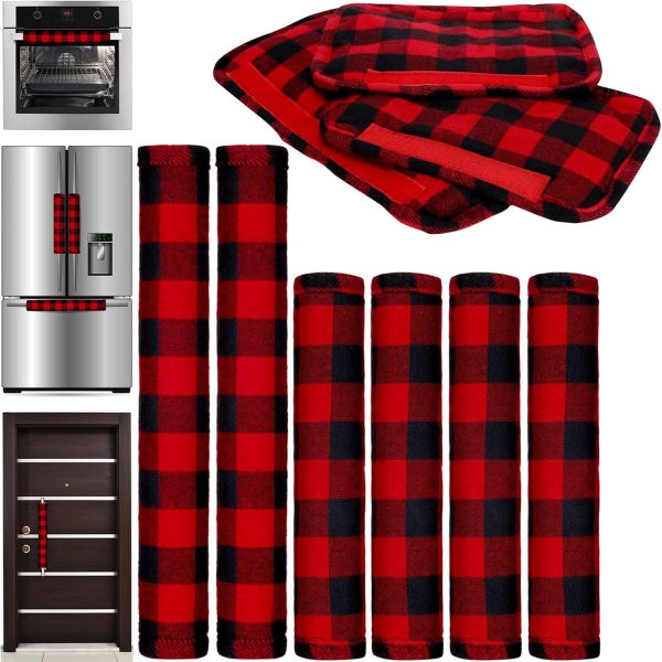 6 Pieces Christmas Refrigerator Cover Door Handle Covers Thick Plaid Kitchen Appliance Covers Handle Protector for Christmas Decorations Microwave(Black and Red,Buffalo Plaid)