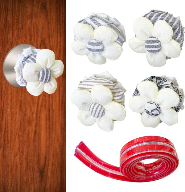 4Pcs Door Knob Covers, Soft Round Door Handle Cover Floral Doorknob Protector Cover, Sponge Reusable Decorative Door Handle Cushion with 39" Clear Anti-Collision Adhesive Strip